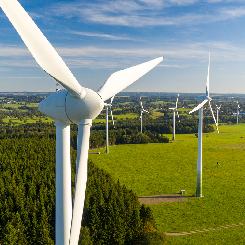 Blick auf mehrere Windräder in einer grünen Landschaft mit Stromtrassen im Hintergrund – Symbolbild für die regionale Stromnetzinfrastruktur