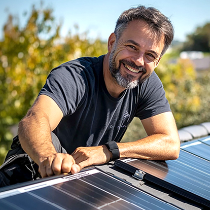 Ein freundlicher Monteur auf einem Hausdach lächelt in die Kamera und arbeitet an einer Photovoltaikanlage – Symbolbild für regionalen Solarstrom vom eigenen Dach
