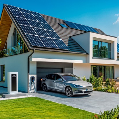 Einfamilienhaus mit Photovoltaikanlage und Elektroauto als Beispiel für nachhaltige Energieversorgung