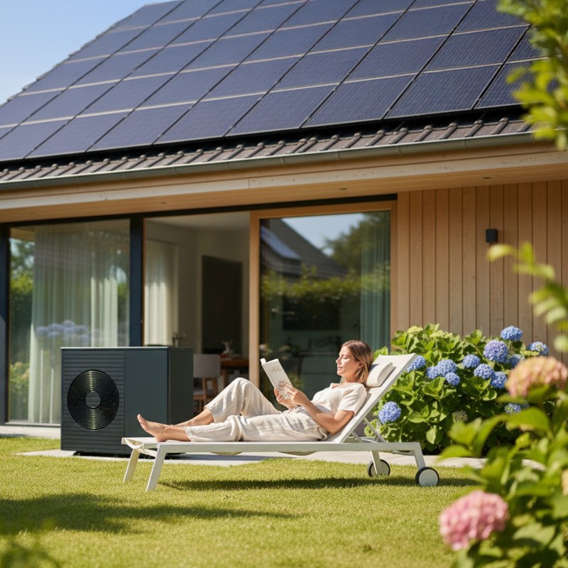 Frau entspannt im Garten vor Haus mit Wärmepumpe und Solaranlage – nachhaltige Energie im Alltag