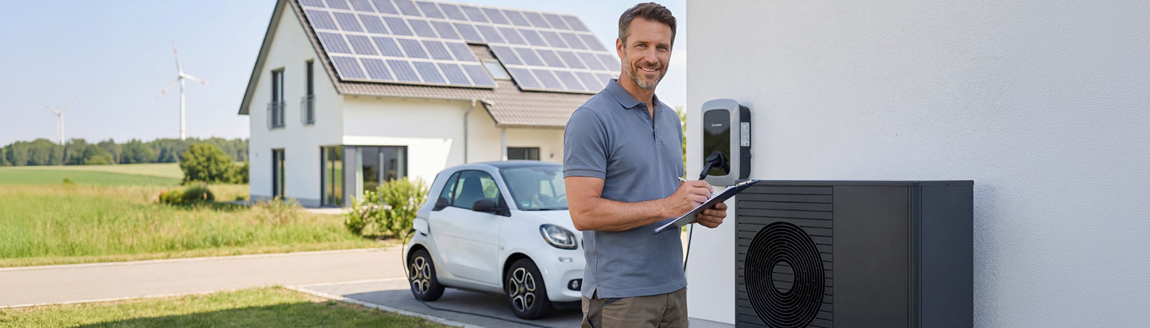 Techniker prüft moderne Energieanlage vor Wohnhaus mit Photovoltaik und E-Auto in Willich