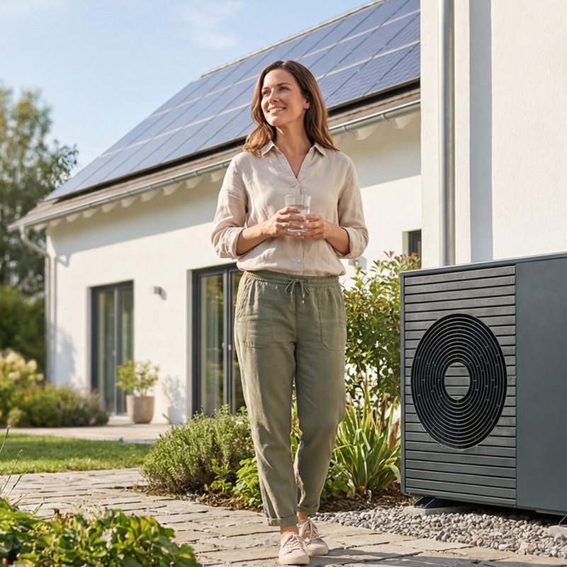 Person steht vor Wärmepumpe neben einem Wohnhaus im Grünen