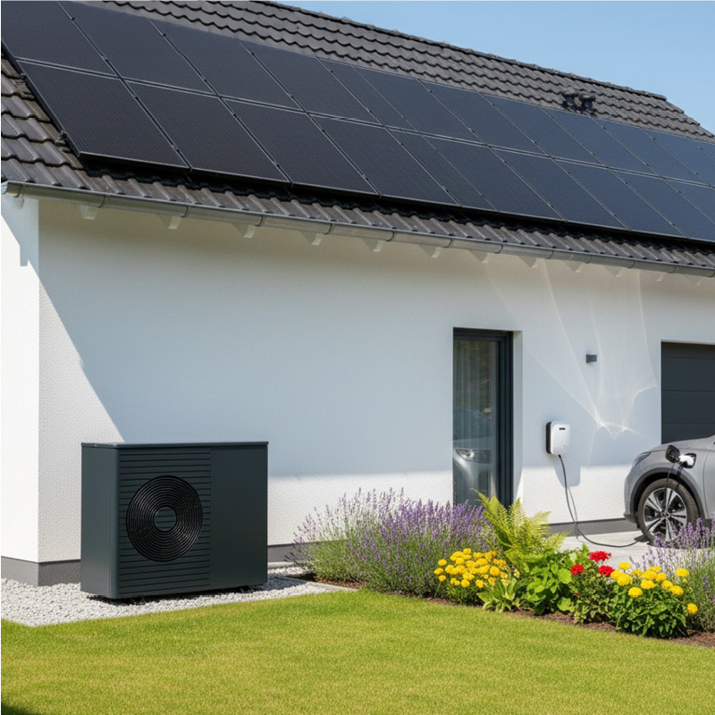 Haus mit installierter Photovoltaikanlage auf dem Dach und Wärmepumpe im Garten