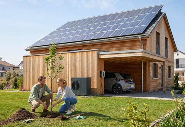 Modernes Einfamilienhaus mit Photovoltaikanlage, Stromspeicher und Wallbox