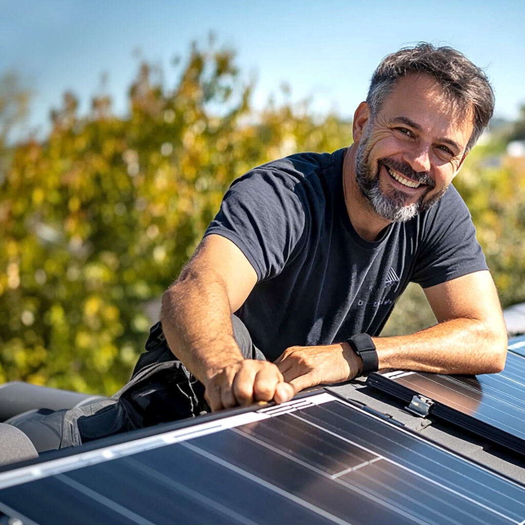 Handwerker installiert Photovoltaikanlage auf einem Hausdach