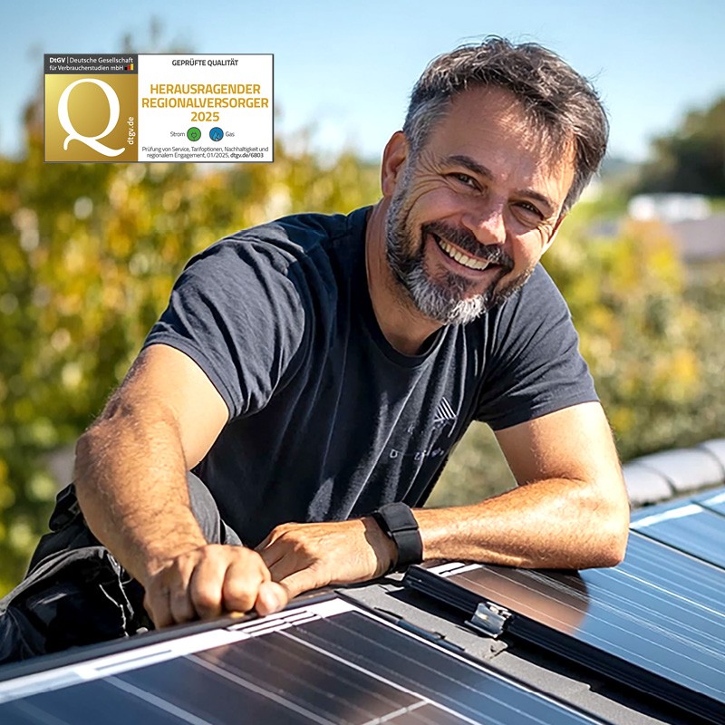 Handwerker installiert Photovoltaikanlage auf Hausdach mit Qualitätssiegel