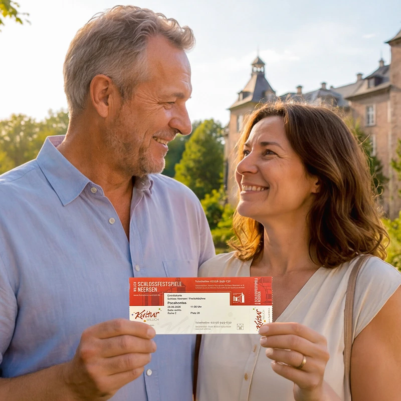 Paar hält Eintrittskarten vor einer Schlosskulisse in Neersen