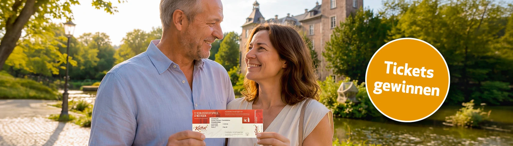 Paar hält Eintrittskarten vor einer Schlosskulisse in Neersen