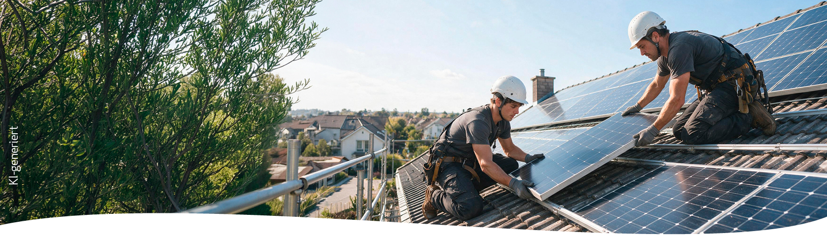 Fachkräfte montieren Solarmodule auf einem Hausdach