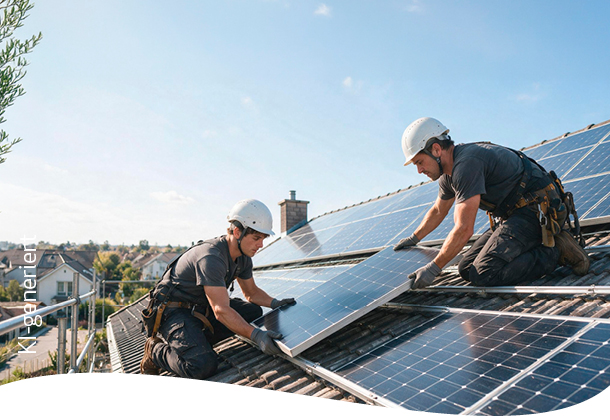 Fachkräfte montieren Solarmodule auf einem Hausdach