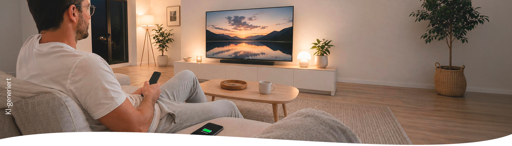 Person sitzt mit einem Smartphone auf einem Sofa