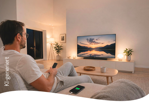 Person sitzt mit einem Smartphone auf einem Sofa