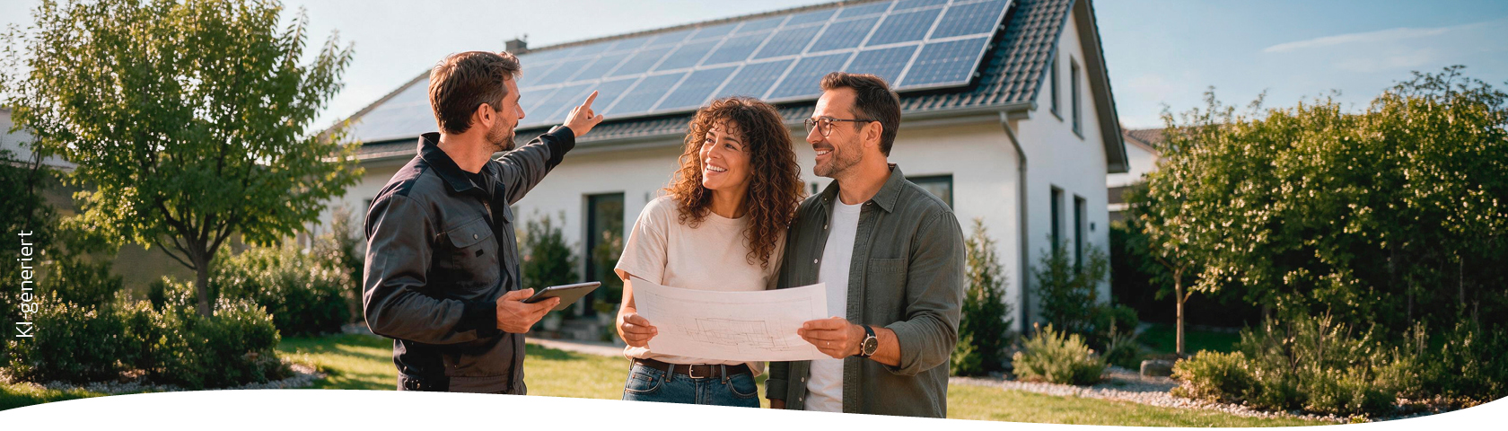 Drei Personen vor einem Wohnhaus mit Photovoltaikanlage
