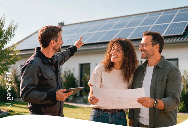 Drei Personen vor einem Wohnhaus mit Photovoltaikanlage